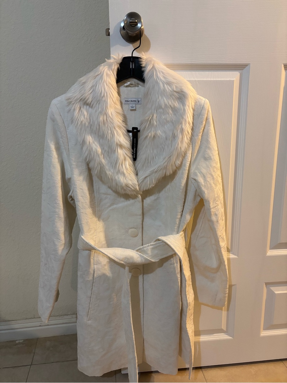 Susan Graver Cream Faux-Fur Collar Belted Trench Coat